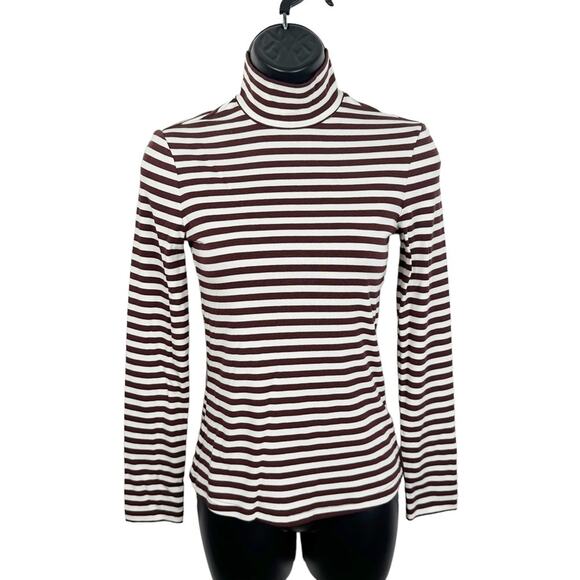 NWT & Other Stories Size 2 Maroon Cream Striped Long Sleeve Mock Neck Shirt - Picture 1 of 12